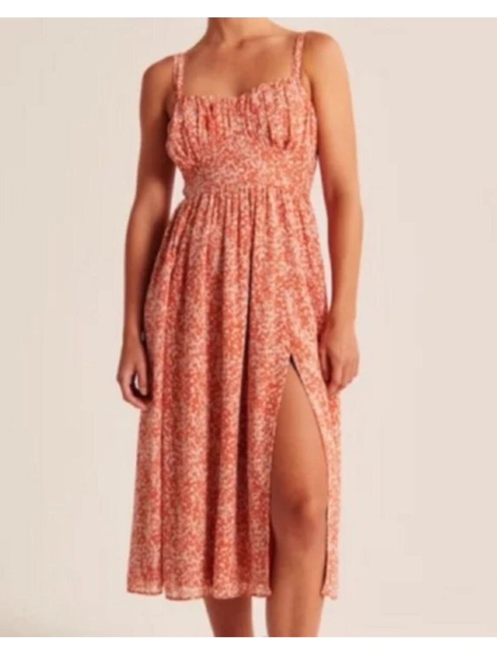 Abercrombie & Fitch Islander Shirred Coral Floral Midi Dress with Side Slit